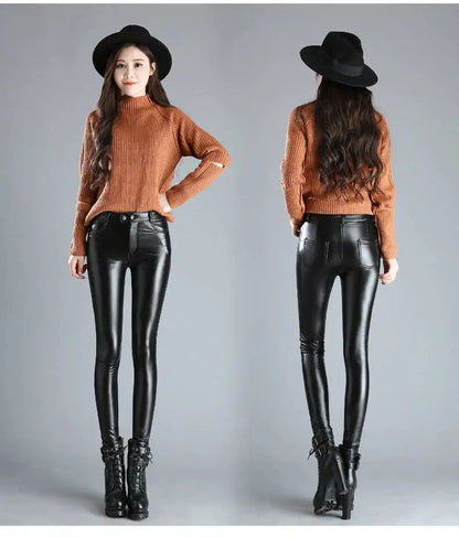 PU Leather Pants for Women Leggings Pencil Pants with Thermal Lining Female High-Waisted Stretchy Slim Fit Autumn Winter Black