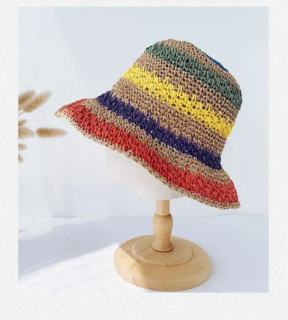 Rainbow Straw Hat Woman Summer Sun Visor Handmade Crochet Big Brim Bucket Hat Ladies Beach Sun Cap Boho Lady Girls Fashion Caps