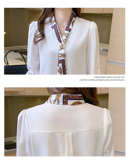 FANAN Elegant Fashion Office Lady Bow Solid Chiffon Shirts Women Clothing New Long Sleeve V-Neck Pullover Top Blouses Female2025
