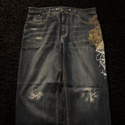 Streetwear Fashion New Pattern Embroidery Black Washed Baggy Jeans Female Y2K Gothic Hiphop Popular Casual Lovers Wide-leg Pants