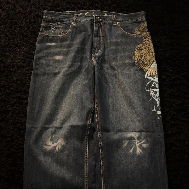 Streetwear Fashion New Pattern Embroidery Black Washed Baggy Jeans Female Y2K Gothic Hiphop Popular Casual Lovers Wide-leg Pants