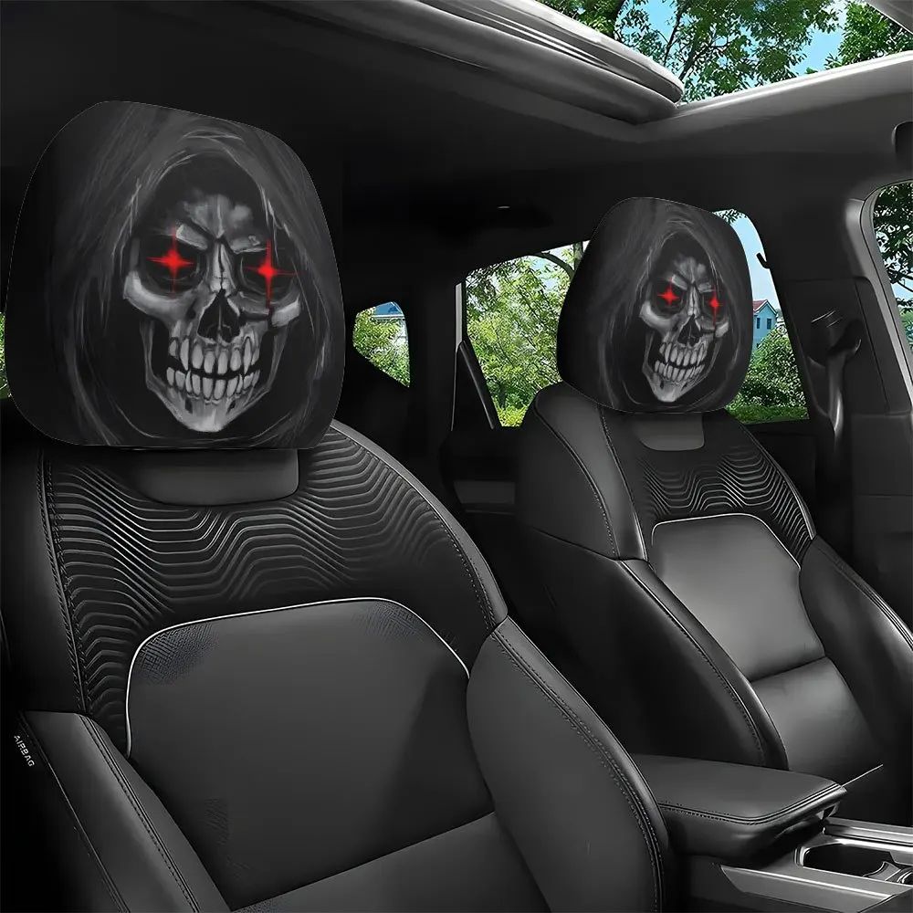 2Pcs Death Skull Flame Red Eye Print Car Headrest Cover Elastic Neck Support Auto Headrest Protector Easy Install Universal Car