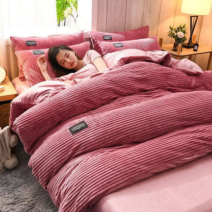 Milk Velvet Winter Thick Bed Set Double Sided Solid Color Flannel Corduroy Duvet Cover Set Winter Warm Bedding Sheet  220×240CM