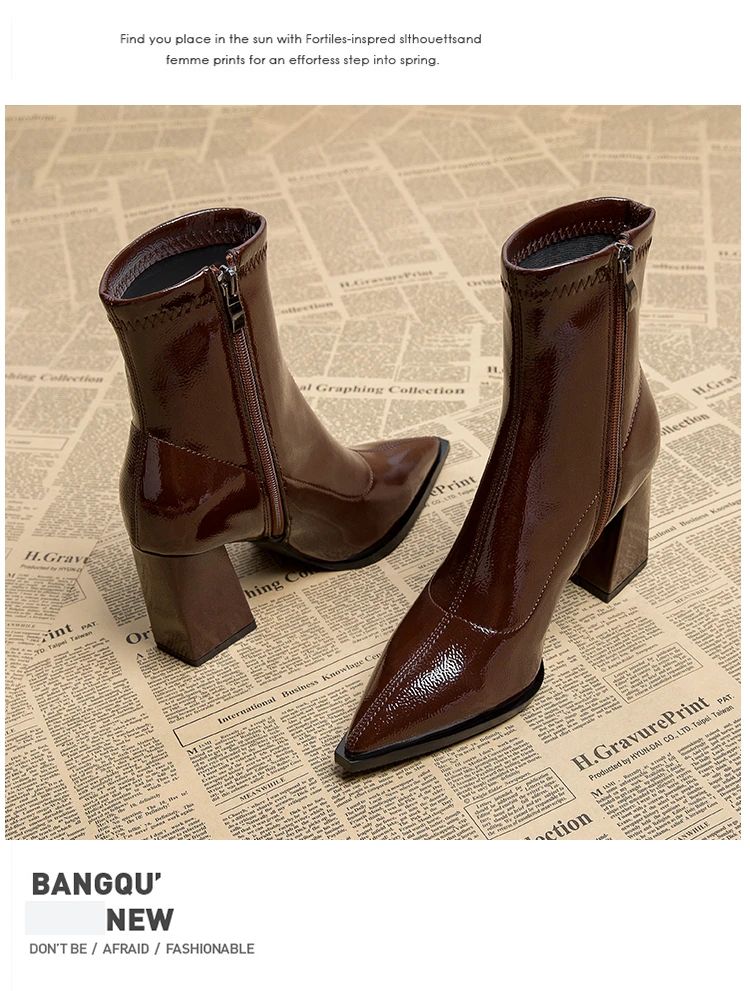 ankle boots fashion pointed square root temperament women's high heels zipper decoration luxury women's winter large size 35-42