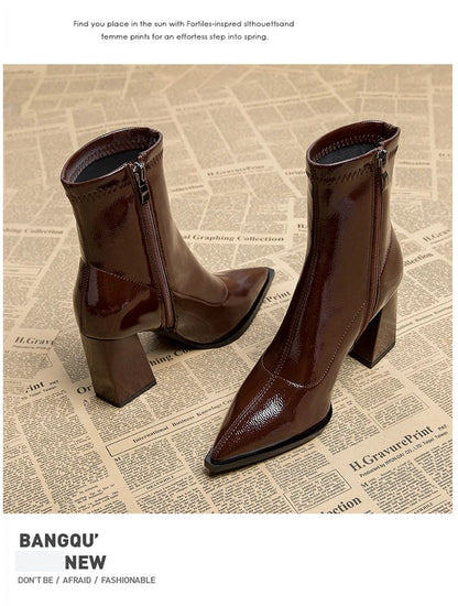 ankle boots fashion pointed square root temperament women's high heels zipper decoration luxury women's winter large size 35-42