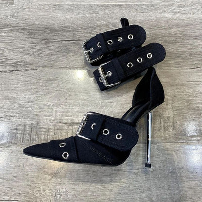 Denim Metal Rivet Buckle Silver Sandals Women's Sexy Punk Style Pointed Metal Hollow 12cm High Heels Size 34-43 Womens Shoes