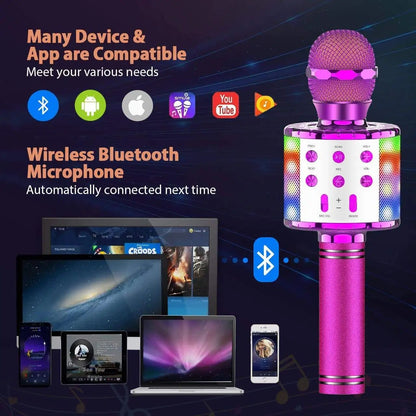 Microfone de Karaokê para Adultos, Microfone Bluetooth Sem Fio para Cantar Máquina de Karaokê Portátil com Luzes LED