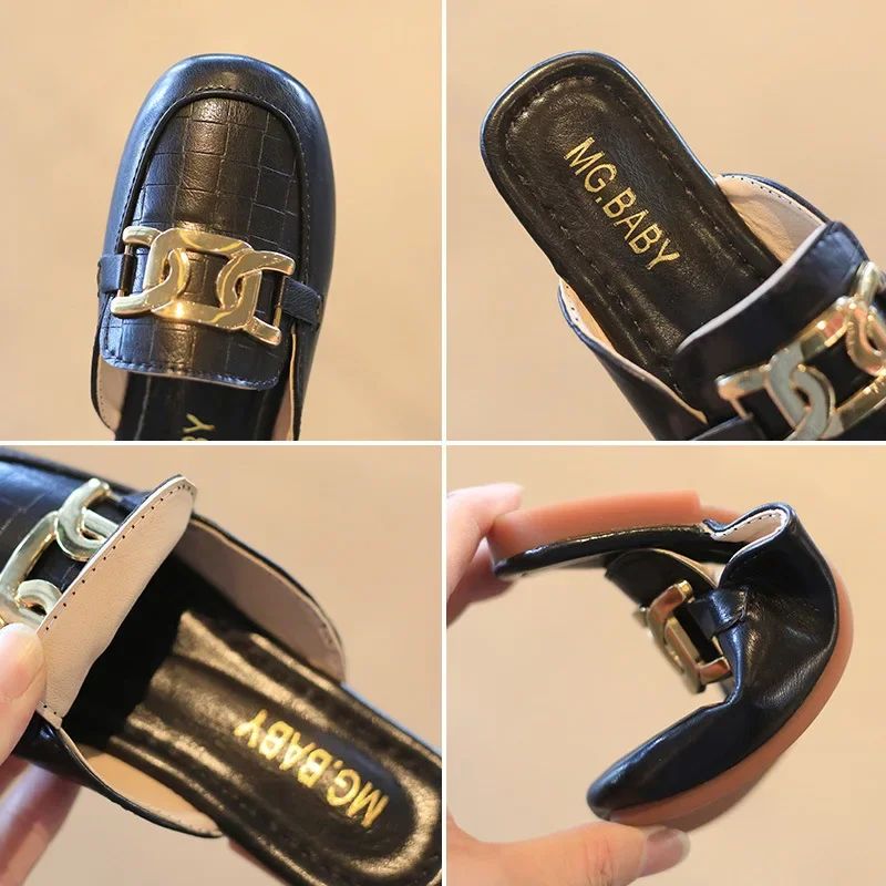 Children Sandals for Girls 2024 Summer New Girls Covered Toes Flat Leather Slippers Casual Lazy Metal Korean Kids Fashion Flats