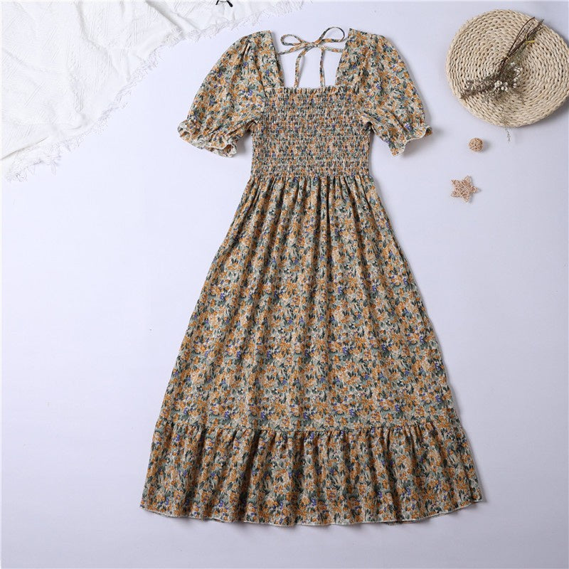 Summer Pleated Women Chiffon Dresses Casual Beach Holiday Short Sleeve Square Co