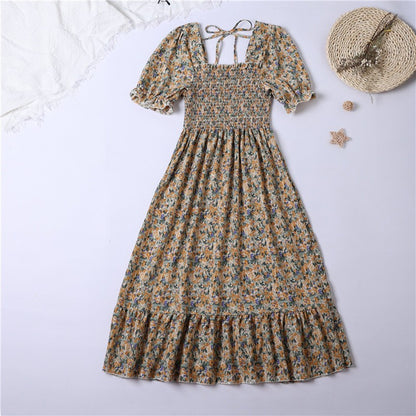 Summer Pleated Women Chiffon Dresses Casual Beach Holiday Short Sleeve Square Co