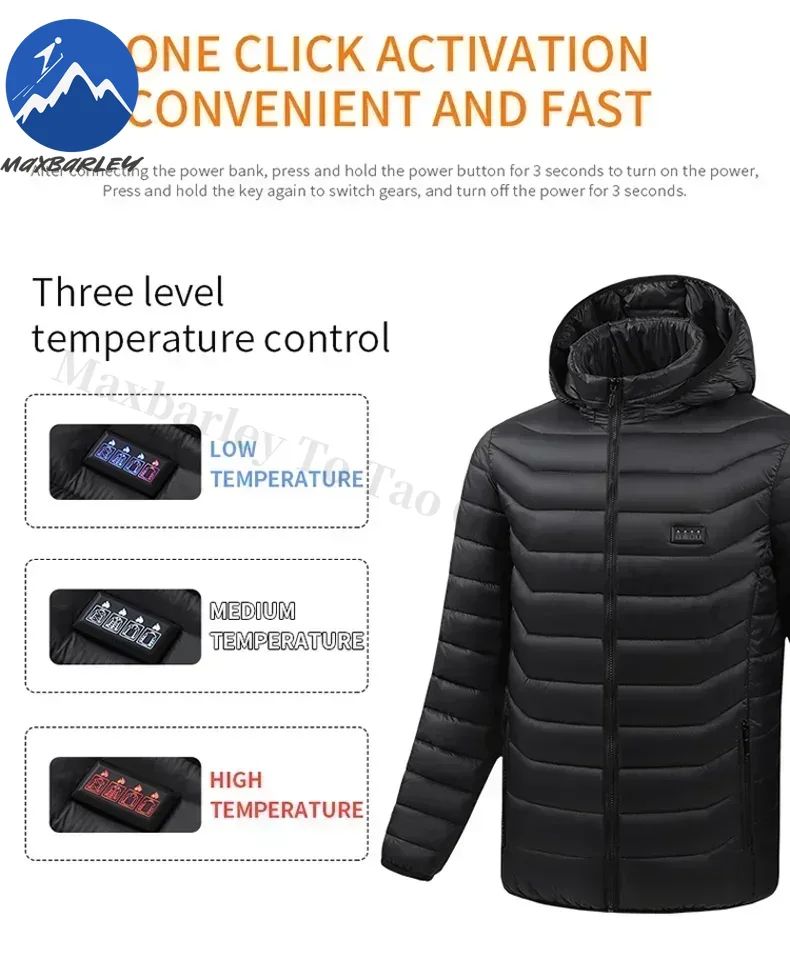 Intelligent Electric Heated Jacket Men Winter Warm Parka 3 Modes Adjustable Anti-Cold Ski Outdoor Camping Hiking Thermal Coat