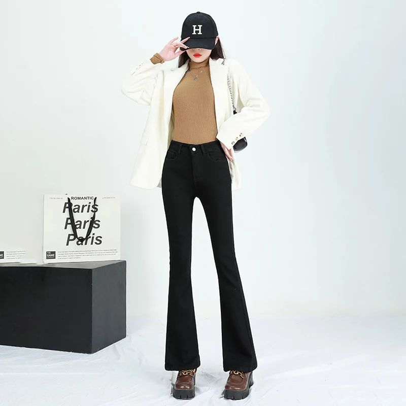 Winter Female Thin Snow Warm Plush Jeans Lady Chic Fleece Flared Pants Girls Korean High Waist Straight Leg Denim Trousers