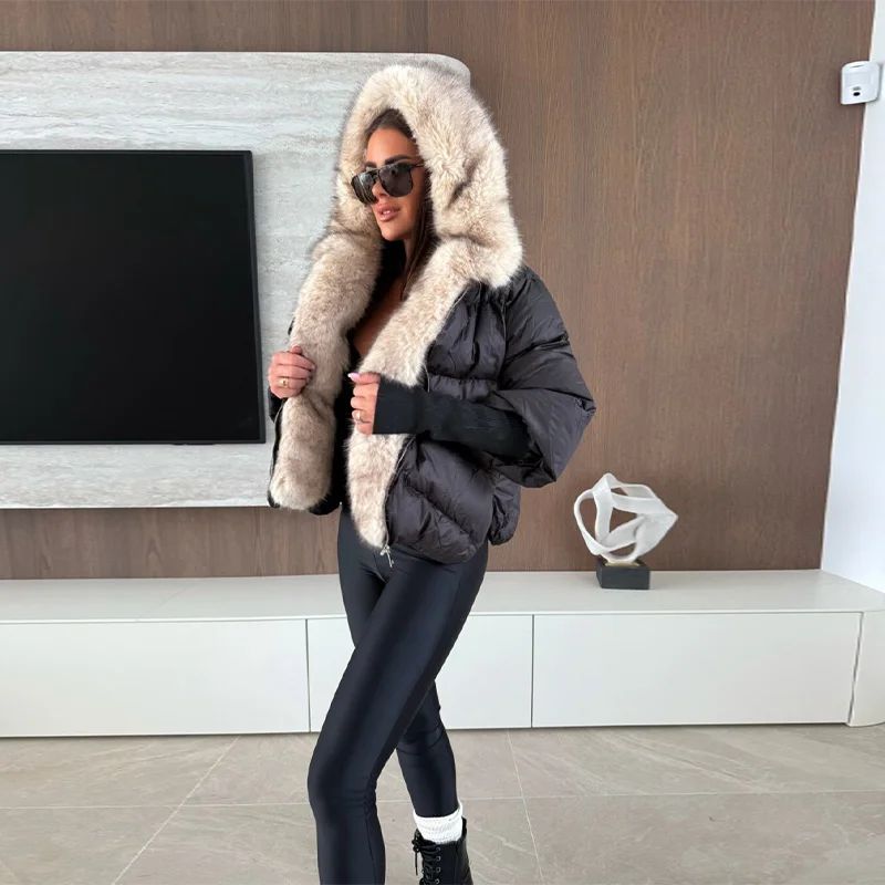 Faux Fur Spliced Hooded Cotton Jackets Women Zipper Long Sleeve Pocket Warm Coats 2025 Winter Fashion Solid Down Jacket New