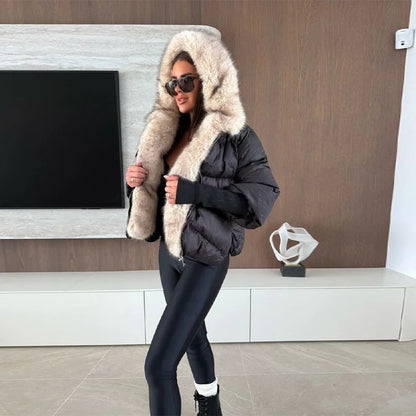Faux Fur Spliced Hooded Cotton Jackets Women Zipper Long Sleeve Pocket Warm Coats 2025 Winter Fashion Solid Down Jacket New