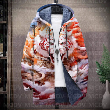 Men's Retro Print Plush Thick Long-Sleeved Coat Cardigan Tiger 3D Prined Fleece Hooded Overcoat Unisex Thick Warm Jacket