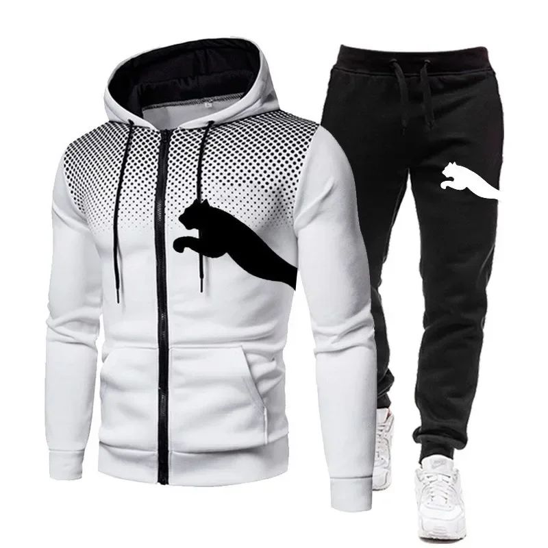 New Two-piece Set of Zippered Hooded Sweatshirts and Sweatpants for Fashionable Men, Casual Outdoor Sports Men in Autumn