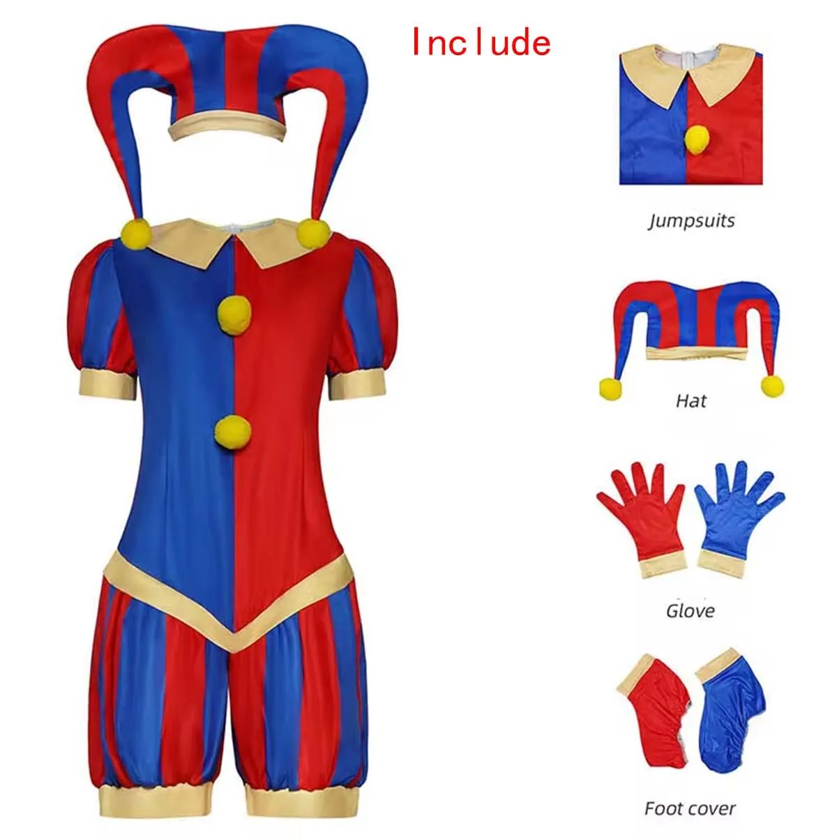 Animation Pomni Cosplay Jumpsuit with Hat aShoes Cover Gloves Magical Virtual Circus Outfits for Halloween Carnival Circus