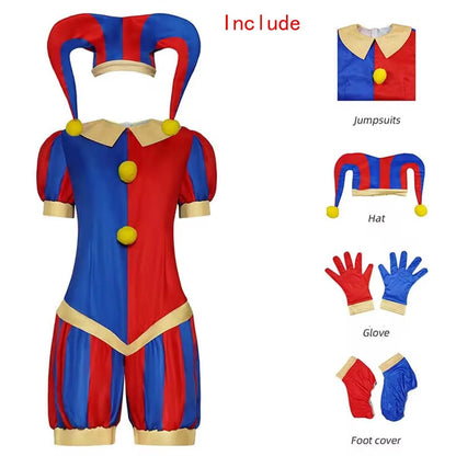 Animation Pomni Cosplay Jumpsuit with Hat aShoes Cover Gloves Magical Virtual Circus Outfits for Halloween Carnival Circus