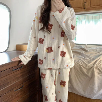 Autumn and Winter Coral Fleece Pajamas Set for Women Warm Lined  Loungewear Cozy Home Sleepwear Christmas Gift