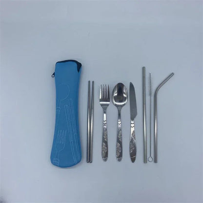 7/3 Peças Conjunto de Talheres de Aço Inoxidável para Acampamento ao Ar Livre Faca de Bife Garfo Colher para Comida Ocidental Bolsa de Pano Criativa Portátil