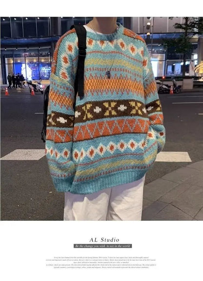 Japanese Vintage Sweater Men's Trendy Ethnic Striped Loose-Fit Knitted Top Casual Crew Neck Idle Style Couple Model Sweater