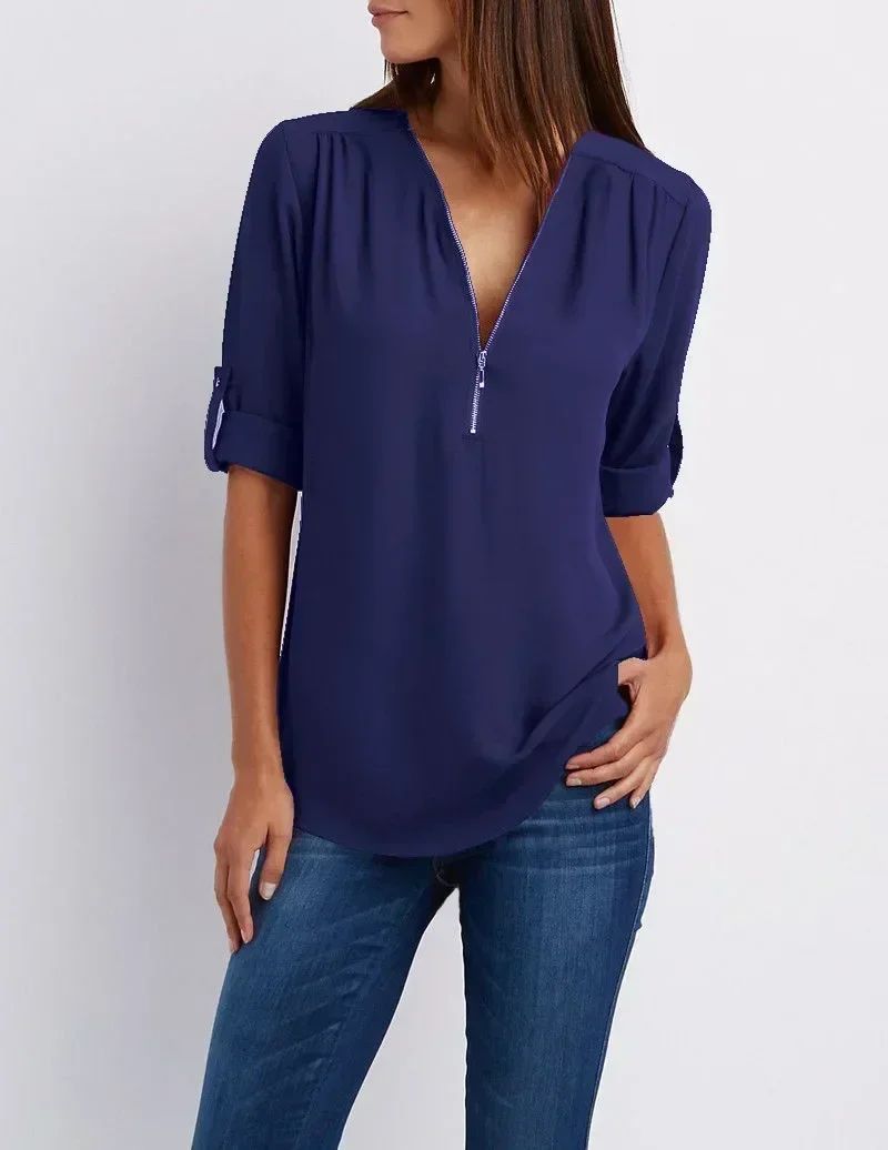 Summer Women Cool Loose Shirt Deep V Neck Chiffon Blouse Casual Ladies Tops Sexy Zipper Pullover Plus Size Long Sleeve Fashion