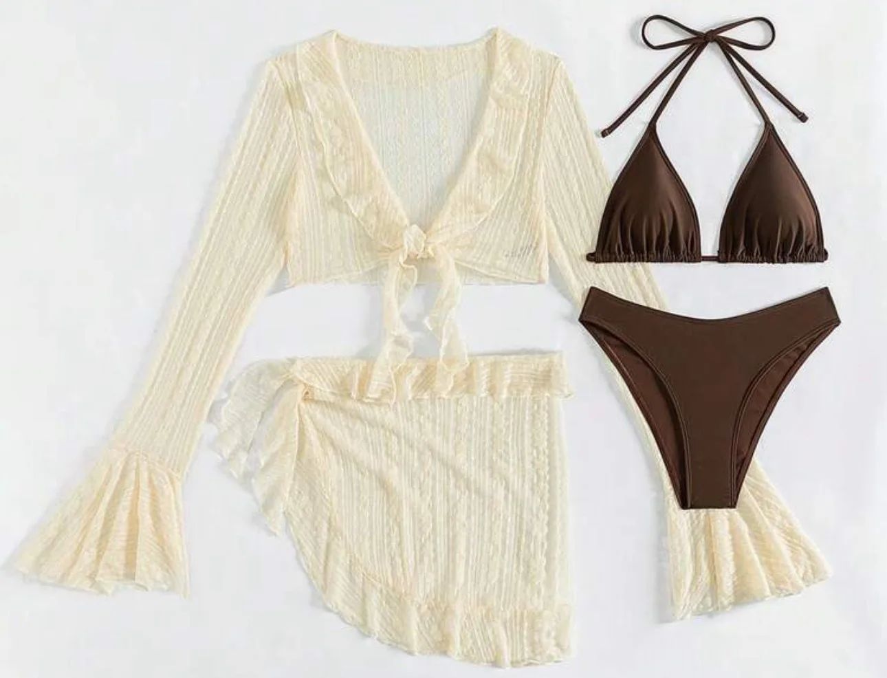 2025 Sexy Four-piece Women Swimsuit Long-sleeve Cover-up Swimwear Summer Solid Bikini Set Beachwear Party Bathing Suit