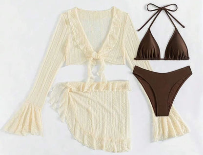 2025 Sexy Four-piece Women Swimsuit Long-sleeve Cover-up Swimwear Summer Solid Bikini Set Beachwear Party Bathing Suit