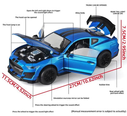 Miniaturas grandes de Ford Mustang GT500 1:18, veículo de liga fundido em metal, modelo colecionável, brinquedos com luz e som, carro de presente para crianças e meninos