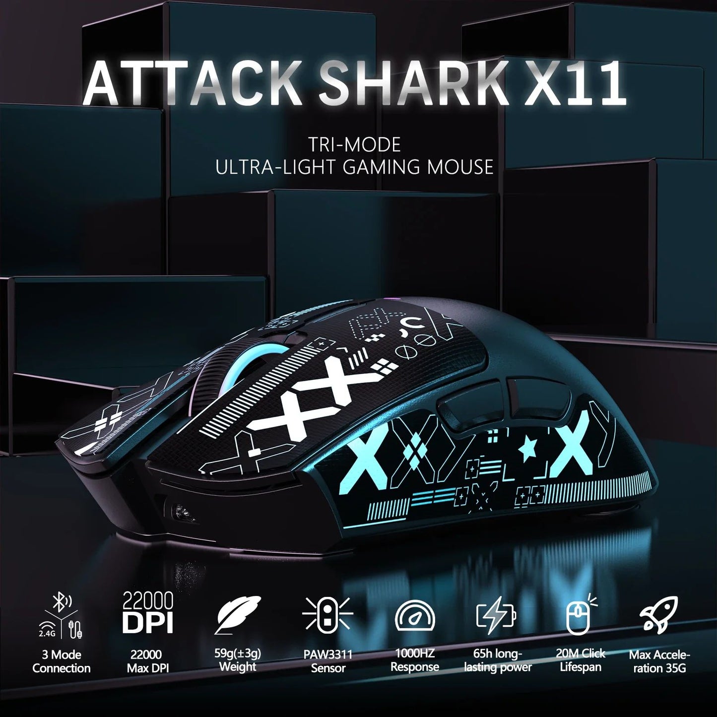X11 ATTACK SHARK X11 Wireless Gamer Mouse with Charging Dock PixArt PAW3311 Gaming Sensor 22000 DPI BT/2.4G Wireless Mouse