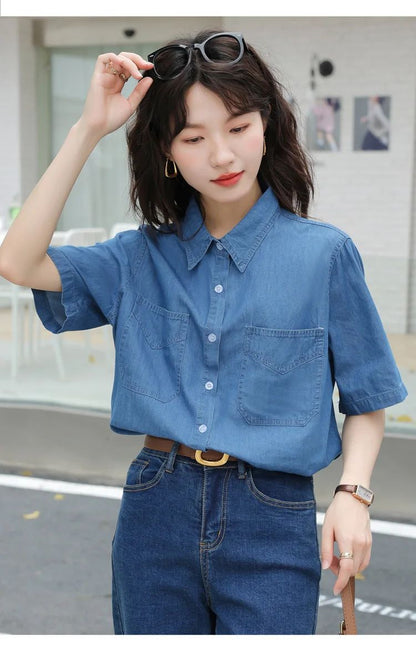 Vintageblueshort Sleeves Thin Denim Shirt 2024 Summer New Casual Loose-Fit Hong Kong Style Petite Top For Women