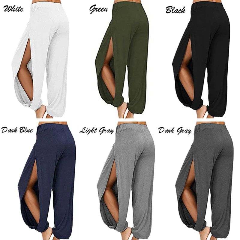 Summer High Slit Haren Pants for Women Sports Yoga Pants Solid Loose Hippie Harem Wide Leg Pants Trousers