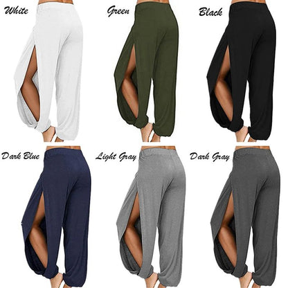 Summer High Slit Haren Pants for Women Sports Yoga Pants Solid Loose Hippie Harem Wide Leg Pants Trousers