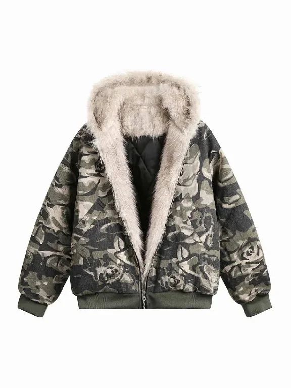American Retro Camouflage Rose Fleece Lined Hooded Jacket Men and Women Y2K Zipper Warm Jacket Military Green Casual Winter Top