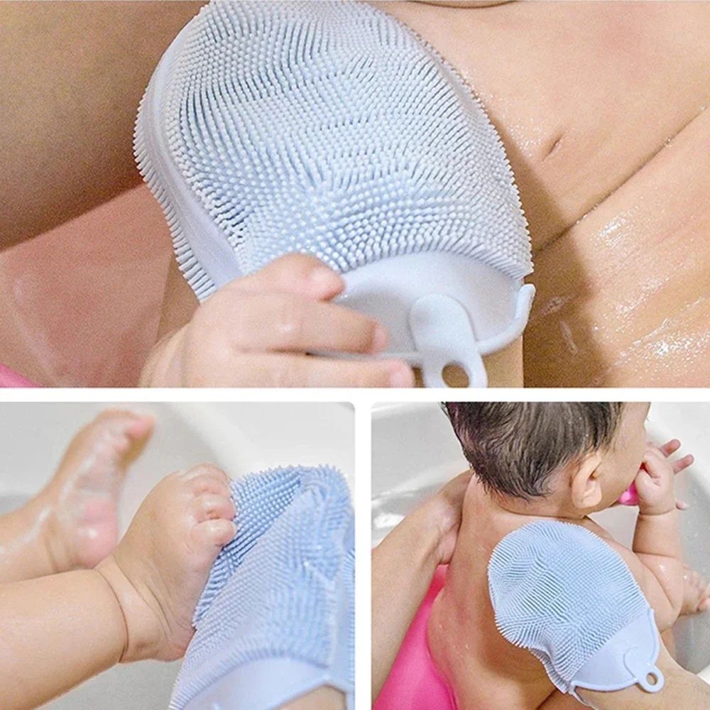 1 unidade de escova de massagem de silicone com gancho macio, esfoliante, luvas de banho, escova de limpeza para bebês, esfoliante de banho, removedor de bolhas