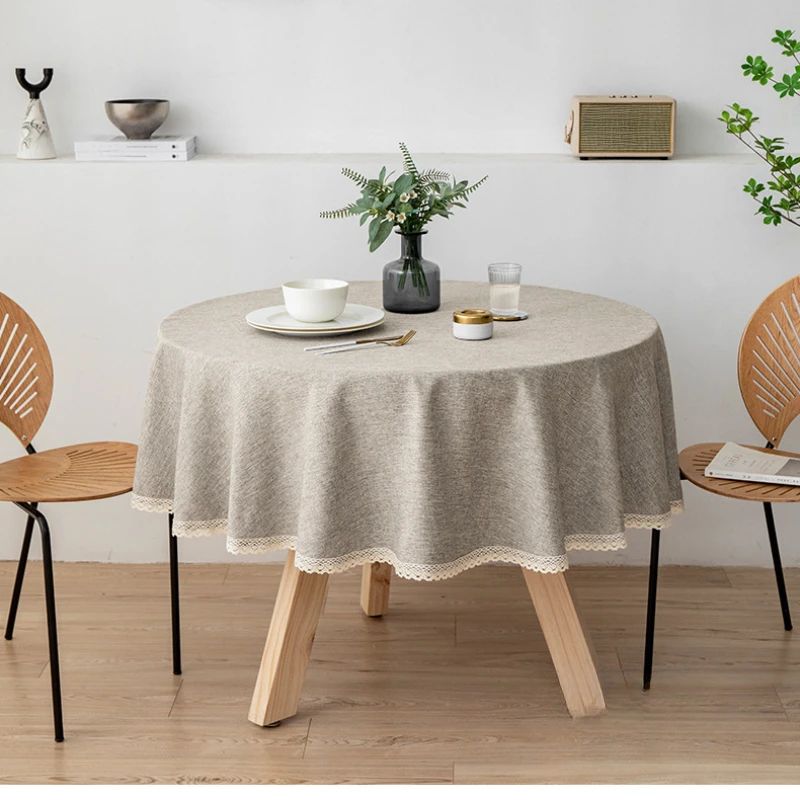 Large Round Tablecloth Solid Color Cotton Linen Waterproof Table Cloth Oil-Proof Table Cover for Kitchen Garden Restaurant