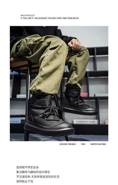 Work Style Snow Boots for Men Women Plus Fleeces Warm Winter Boots High Top Thick Soled Lace Up Black Plush Couple Cotton Shoes