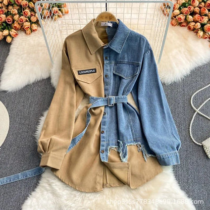 Slimming Denim Patchwork Lapel Dress Autumn Waist-fitted Medium-length Shirt