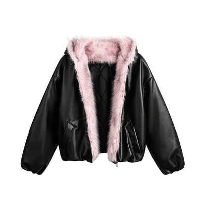 American Vintage Fur Collar Hoodie Winter Thicked Warm Cotton Cardigan Coat Y2k Street Punk Black Streetwear Jacket Fur Parkas