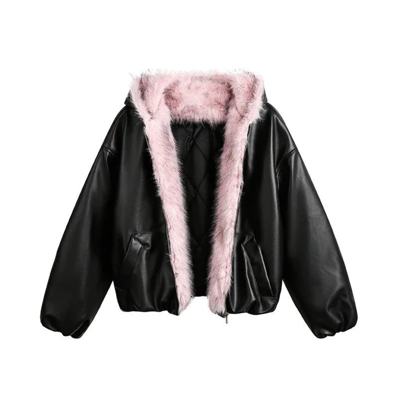 American Vintage Fur Collar Hoodie Winter Thicked Warm Cotton Cardigan Coat Y2k Street Punk Black Streetwear Jacket Fur Parkas