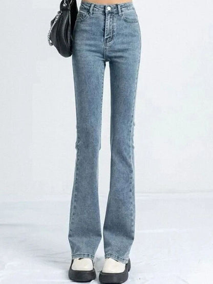 Women Korean Flare Jeans Girls High Waist Elastic Boot Cut Pants Lady Vintage Blue Black Gray Brown Denim Bell Bottom Trousers
