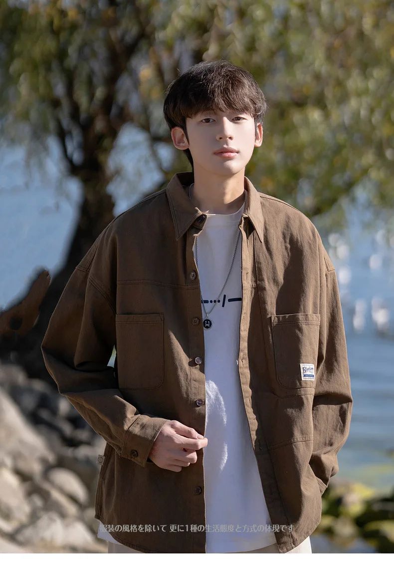 Japanese Series Men's Shirts Casual Vintage Cargo Jacket Top Spring Autumn Solid Blouses Single Breasted Male Clothes Streetwear