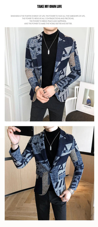 Men's New Suit Jacket Autumn and Winter Men's Letter Printed Suit Jacket Slim Lapel Comfortable Suit Jacket Fashion Woolenjacket