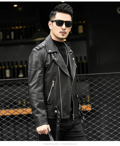 Spring Autumn Short Cool Black Leather Biker Jacket Men Zipper Long Sleeve Belt Plus Size European Fashion brand leather jackets
