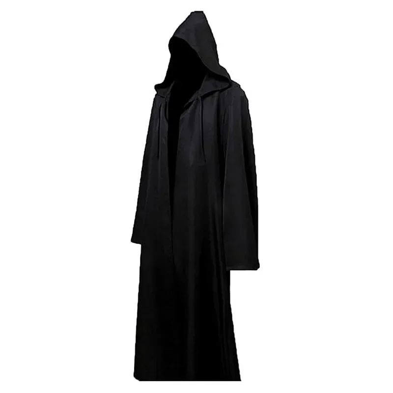 New Halloween Medieval Black Robe Cloak Costume Adult Priest Cosplay Hooded Costume and Scary Spooky Loose Cloak