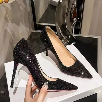 Large Size 2024 Stiletto High Heels Fashionable Sexy Sequins Banquet Professional Ladies Shoes High Heels Single Shoes