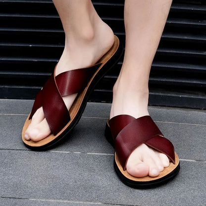 Men Shoes New  Summer Shoes Italian Leather Slippers Men High Quality Size 38-47 Beach Slip on Flats Man Flip Flops Mens Sandals