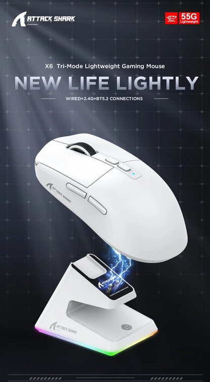Attack Shark X6 PAW3395 Bluetooth Mouse,2.4 Tri-Mode Connection, RGB Touch Magnetic Charging Base, Macro Gaming Mouse