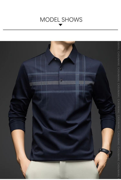 BROWON Polo T Shirt for Man 2025 Formal Business Slim Long Sleeve Tshirt Men Casual Loose Stripe Shirt for Man Designer Clothes