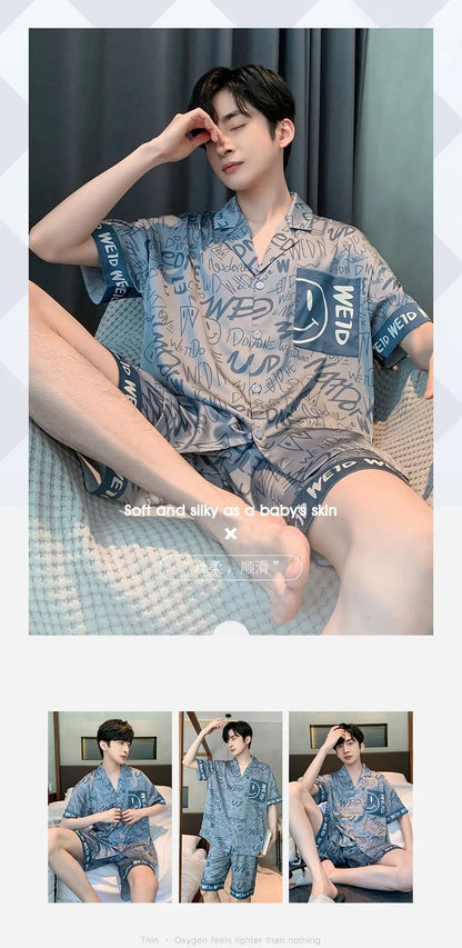 Large Size Men‘s Pajamas Set Ice Silk Cartoon Bear Short-Sleeved Student Two-Piece Button Tops and Pants Youth Student Sleepwear